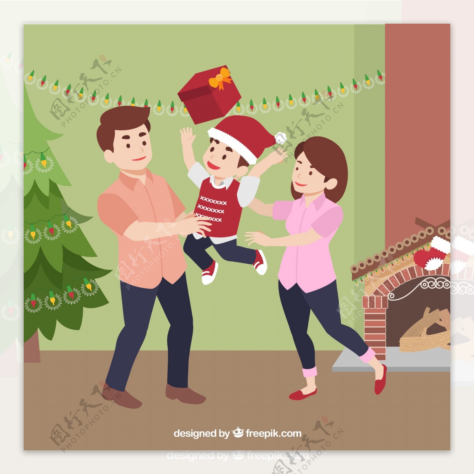 快乐的孩子与圣诞老人帽子礼物父母