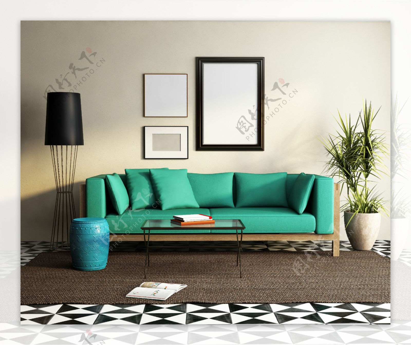 绿色沙发和壁画设计