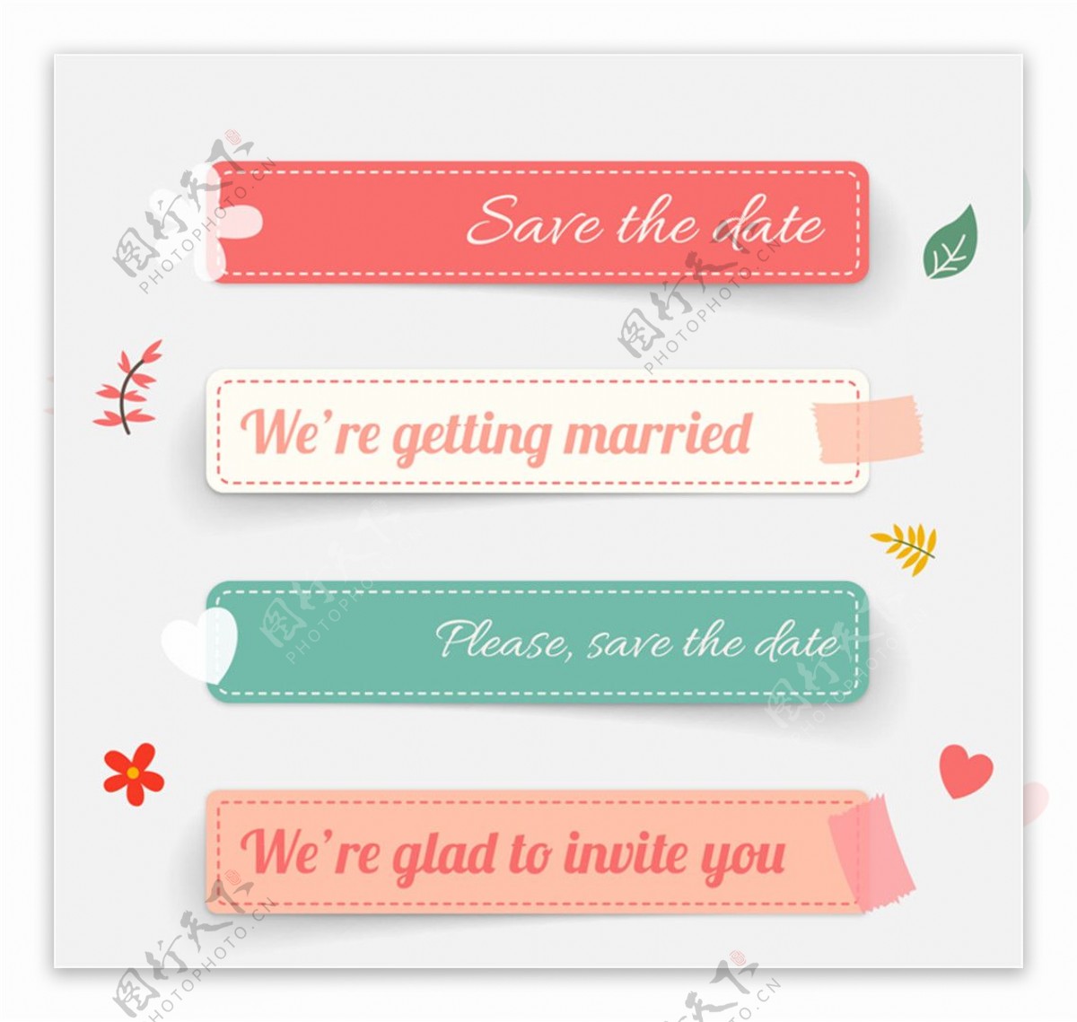4款彩色长条婚礼贴纸矢量图