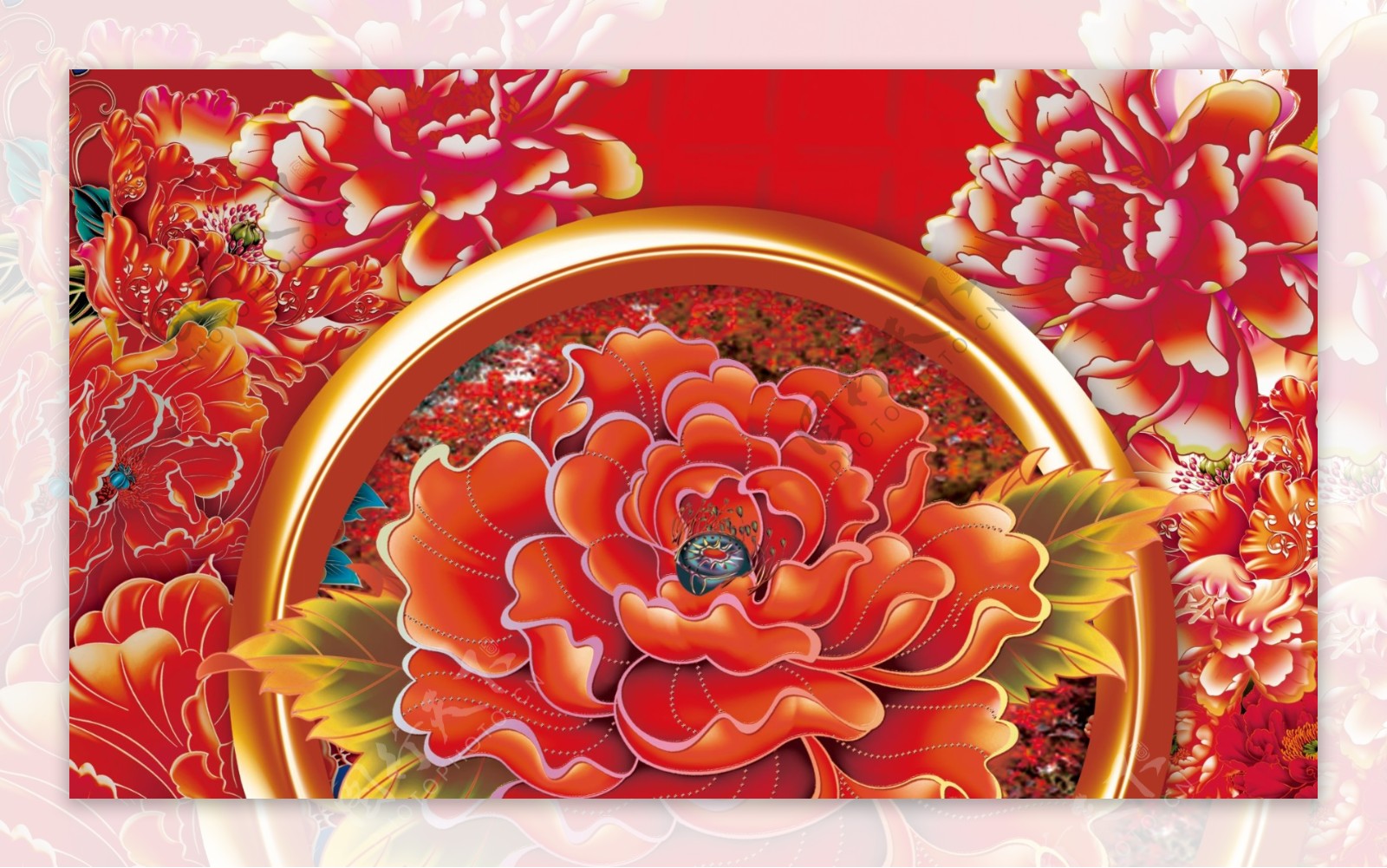 红色的牡丹中式婚礼背景设计