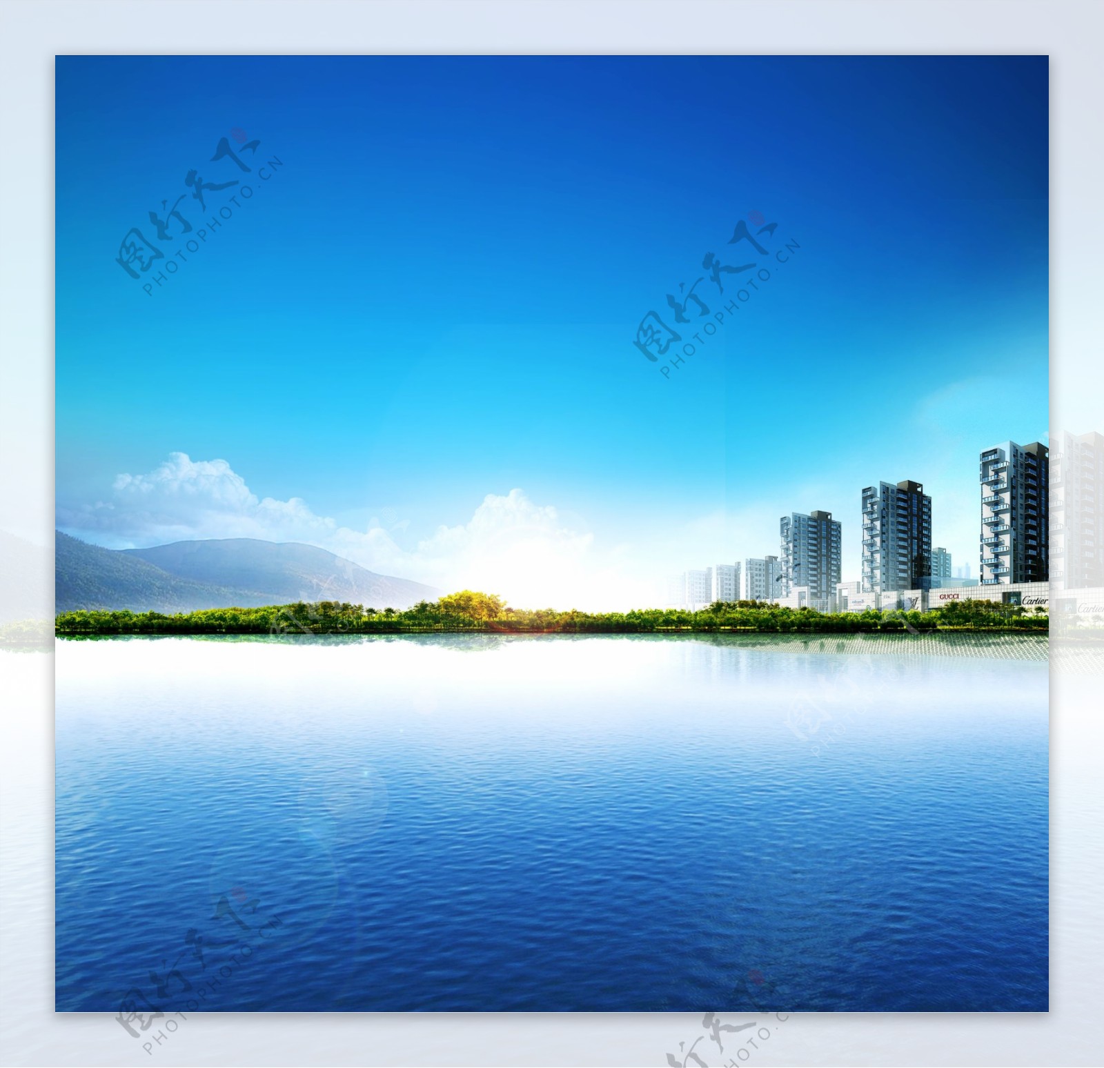 蓝天白云湖水湖景图片