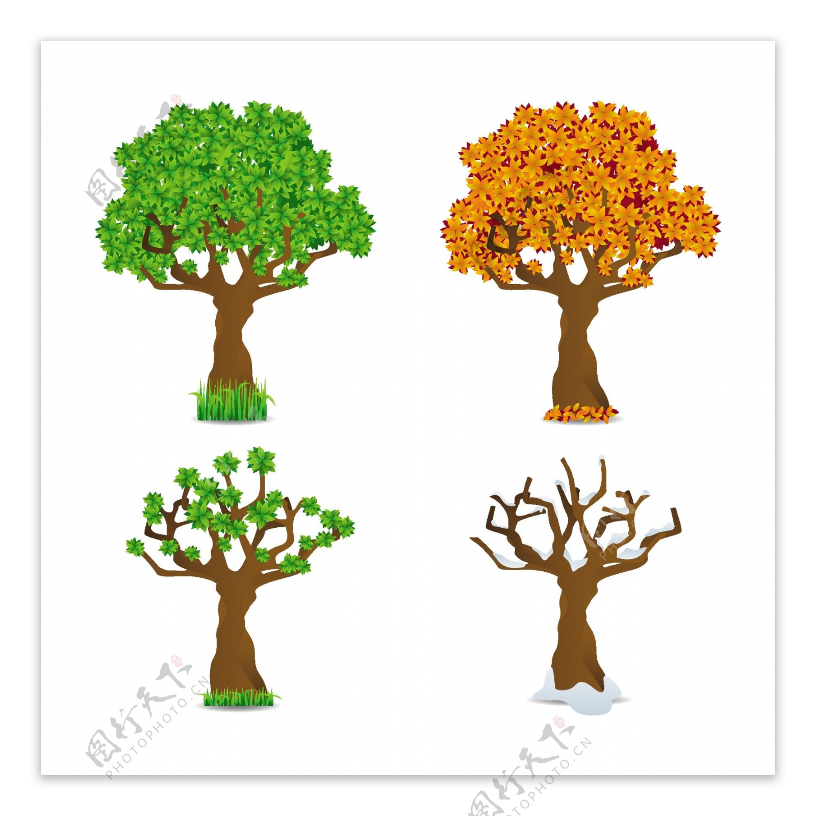四个季节树横幅集春夏秋冬树木变化过程矢量素材