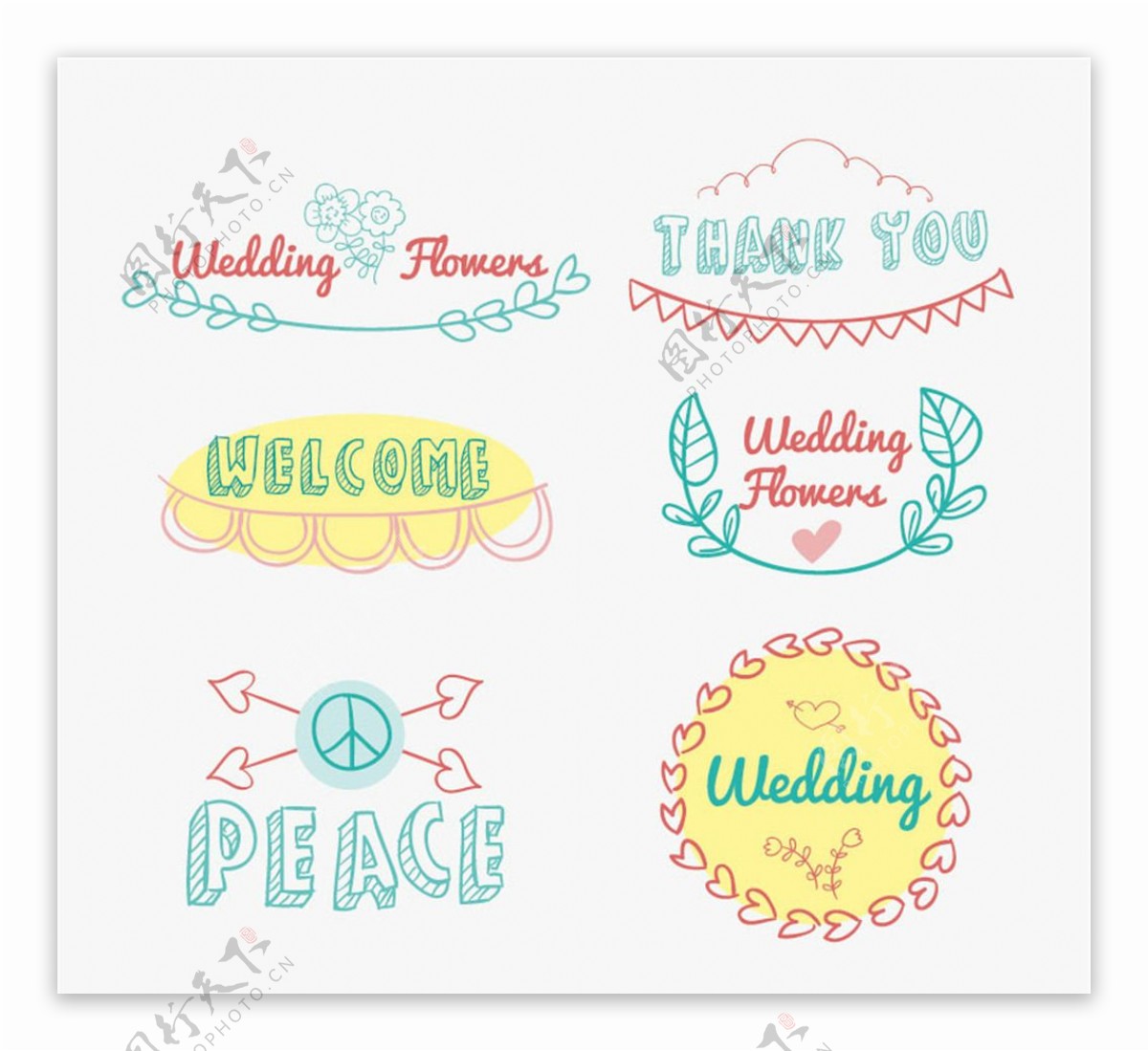 彩色手绘婚礼标签矢量素材