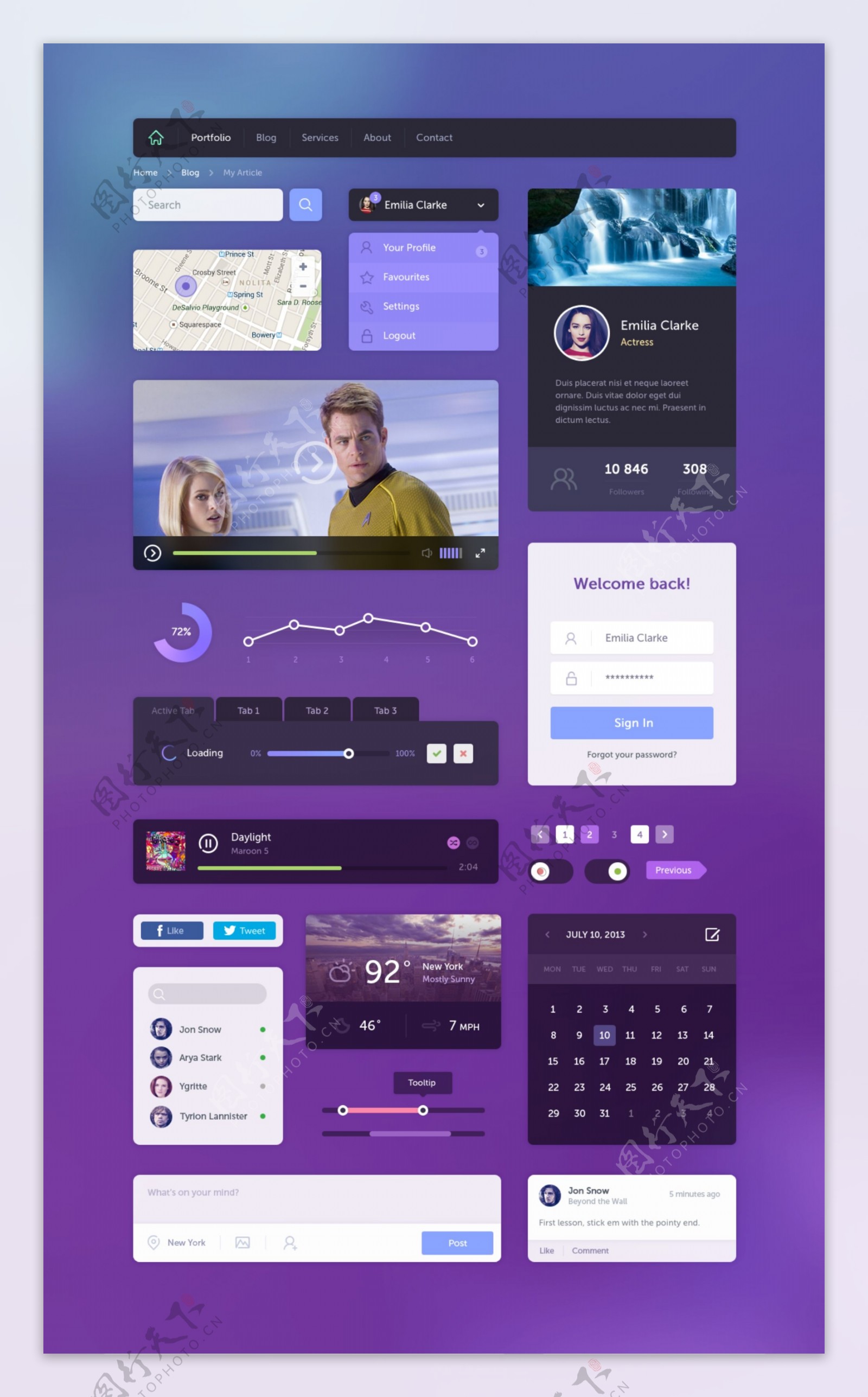 紫色UI界面设计工具包PSD分层素材