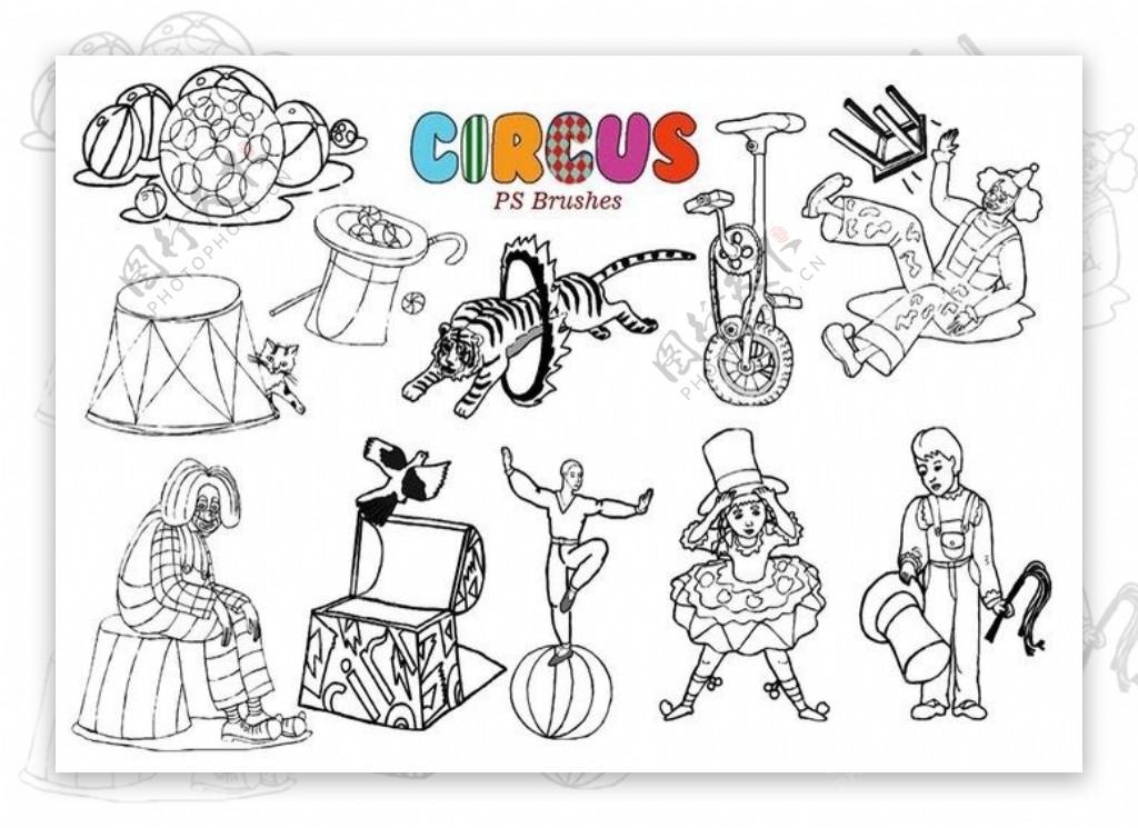 20种手绘小丑造型卡通马戏团小丑PS笔刷下载