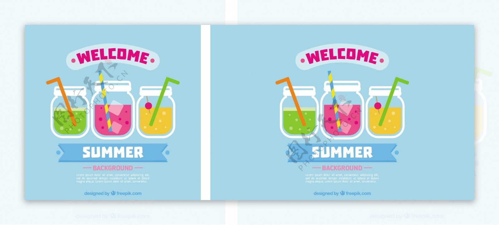 夏季各种饮料插图蓝色背景