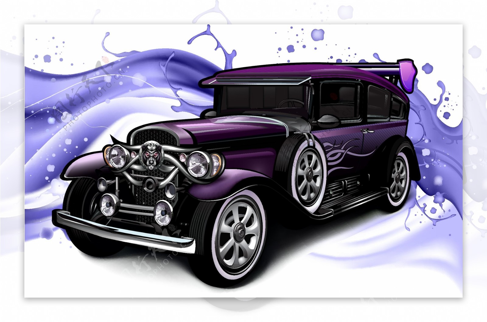 紫色泼墨插画老爷车