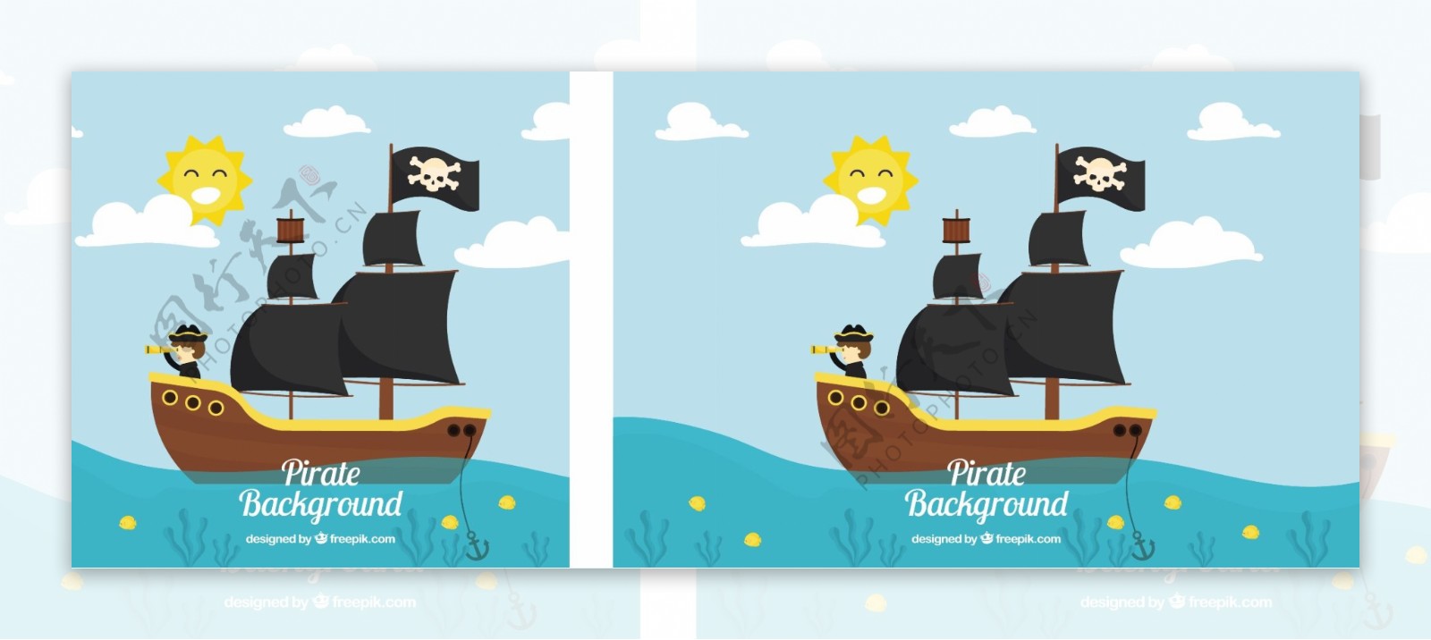 大海蓝天风景背景与海盗船