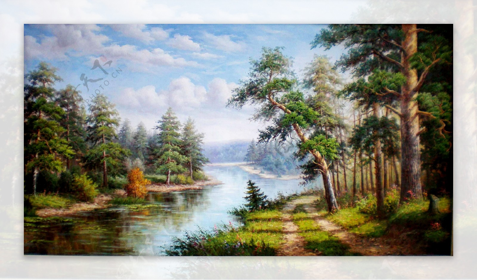 油画河流树木图片