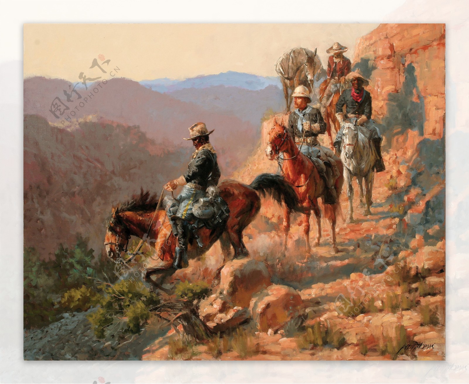 山地上骑马的人油画图片