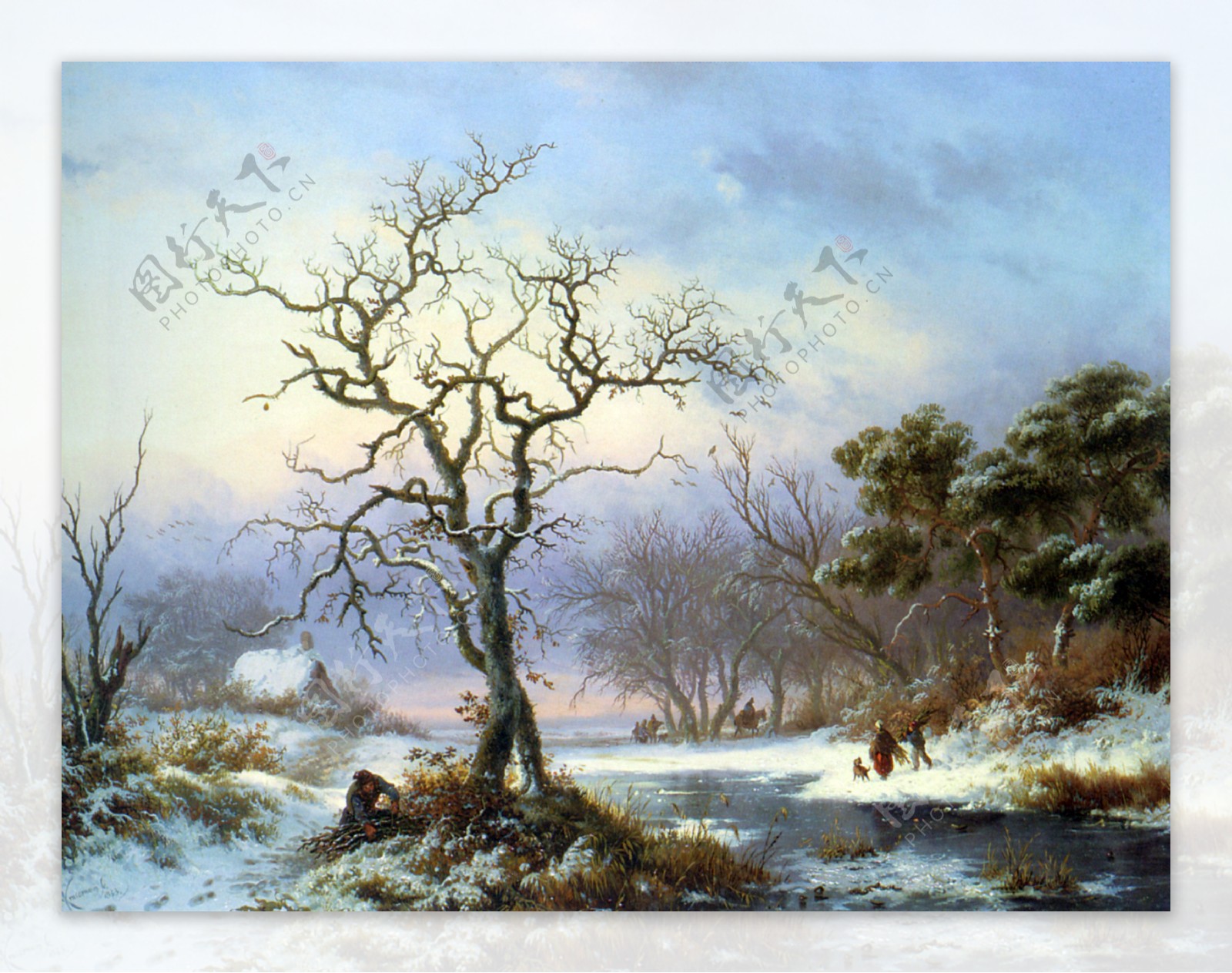 油画冬天树木图片