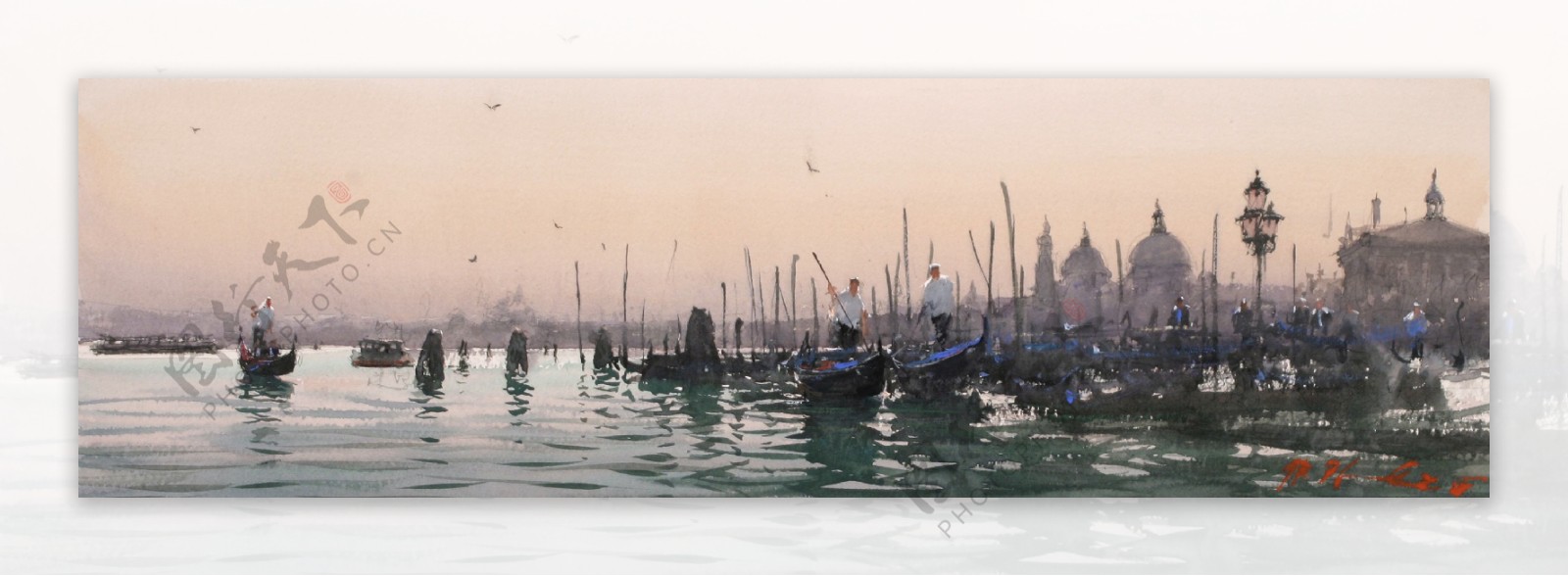 海面上的渔船油画图片