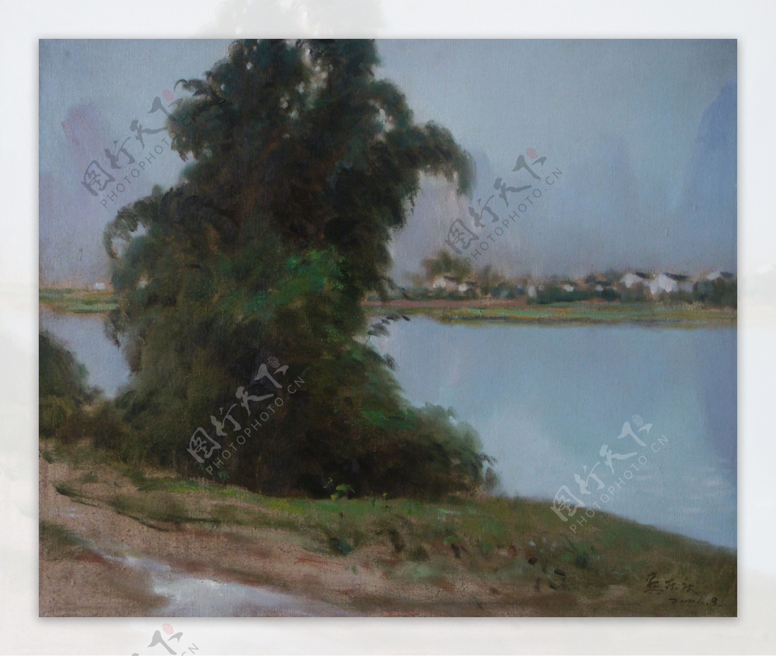 湖泊树木油画图片