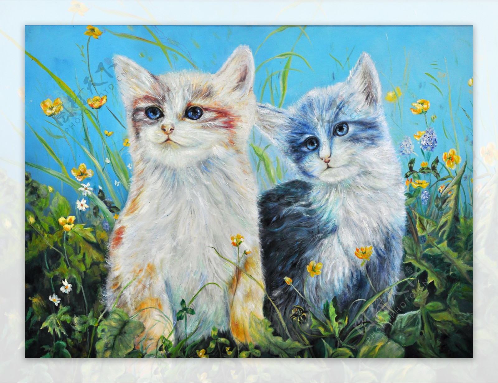 油画野花与猫猫图片