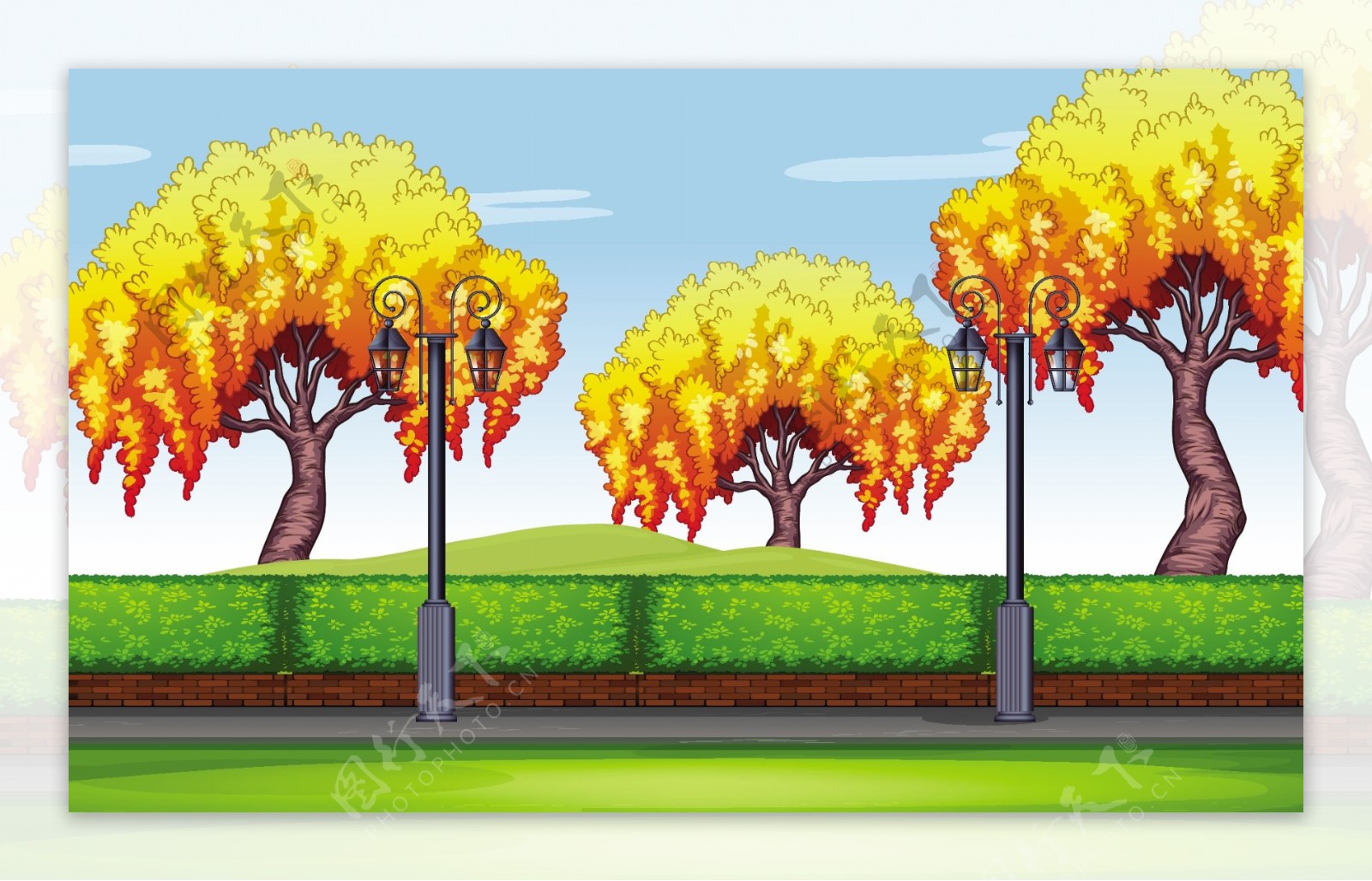 场景与柳树在公园插图