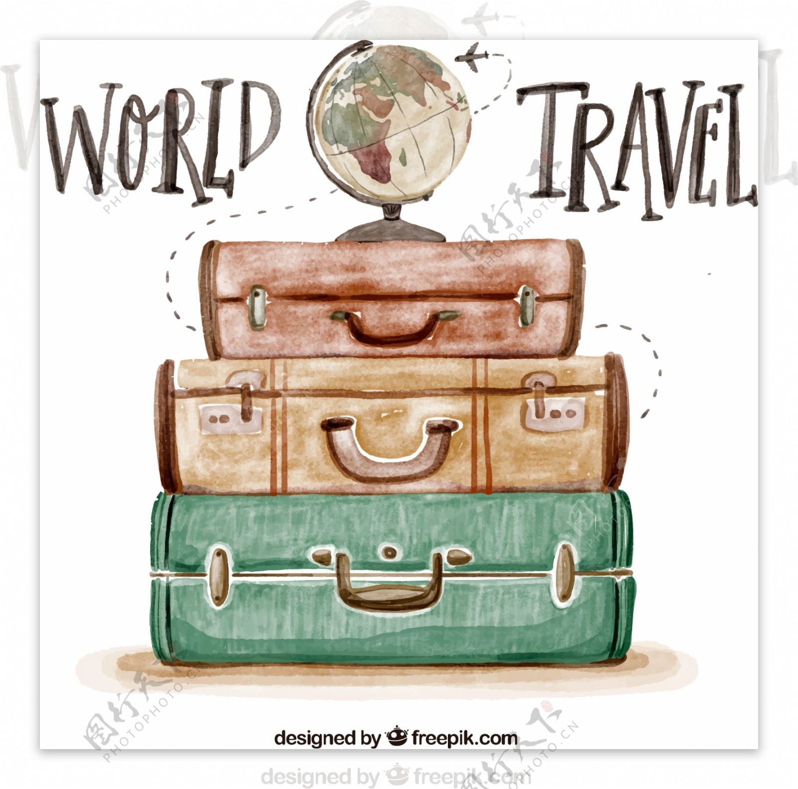 彩绘环球旅行行李箱和地球仪矢量图