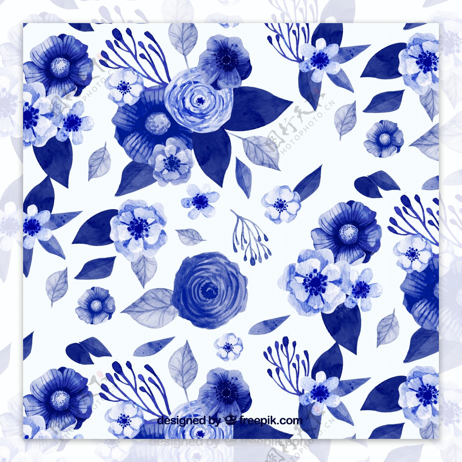 蓝色水彩花卉图案