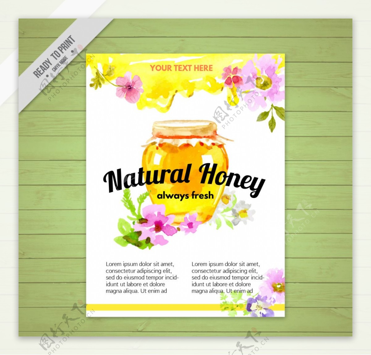 水彩蜂蜜罐与鲜花小册子