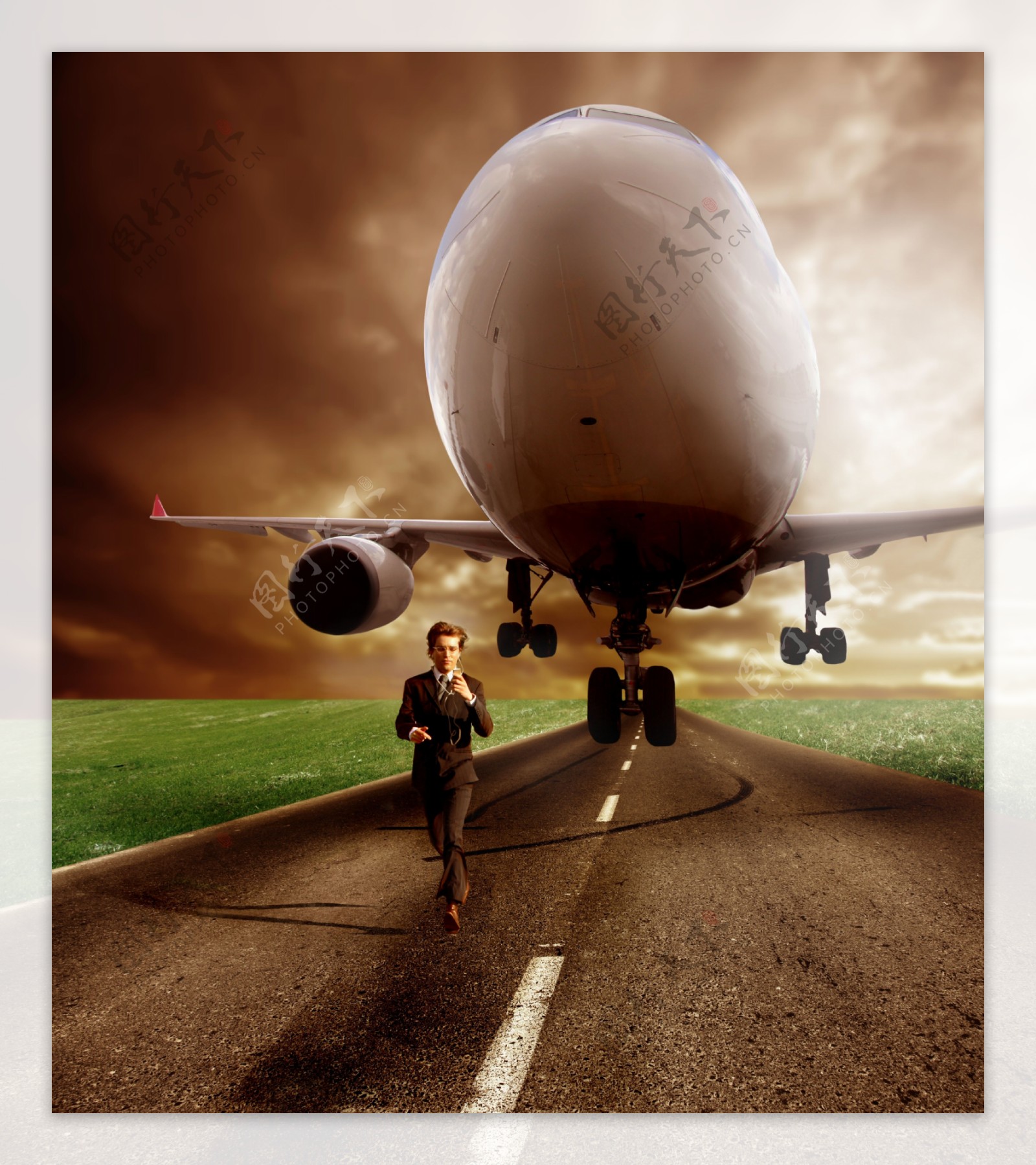 飞机与跑步的男人图片