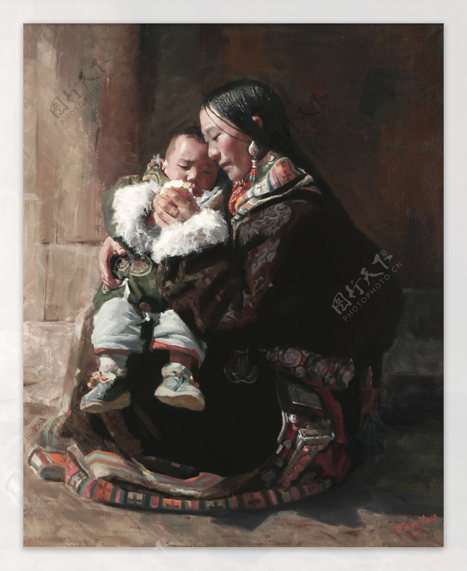 抱着孩子的西藏美女油画图片