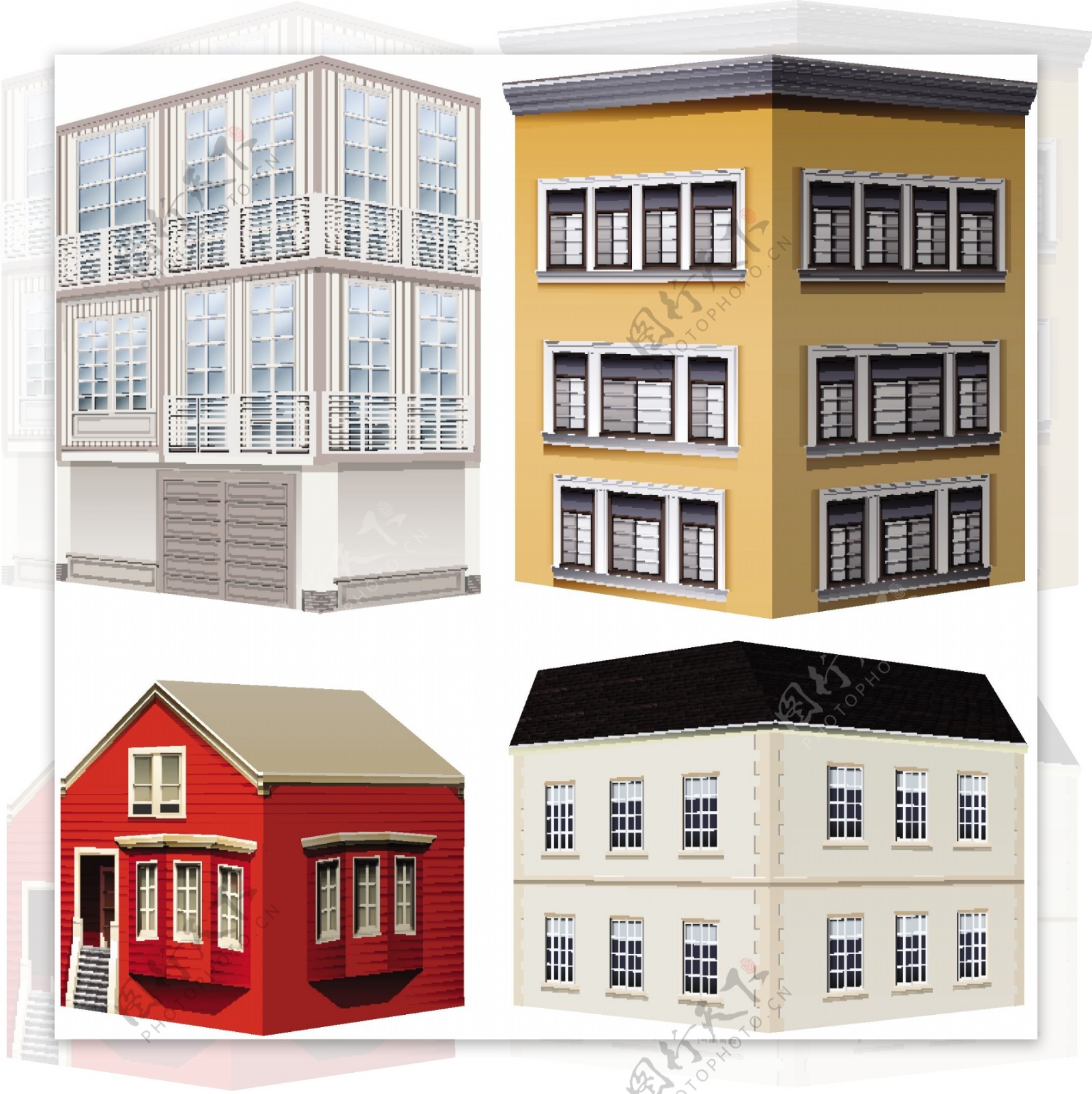 四种建筑风格插画