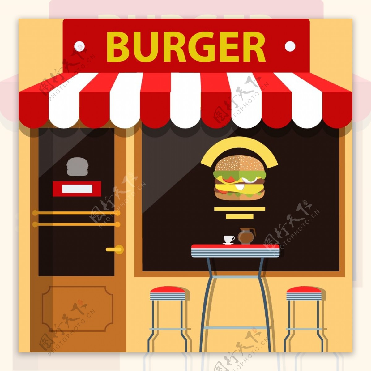 汉堡店外观设计与食物窗口免费矢量