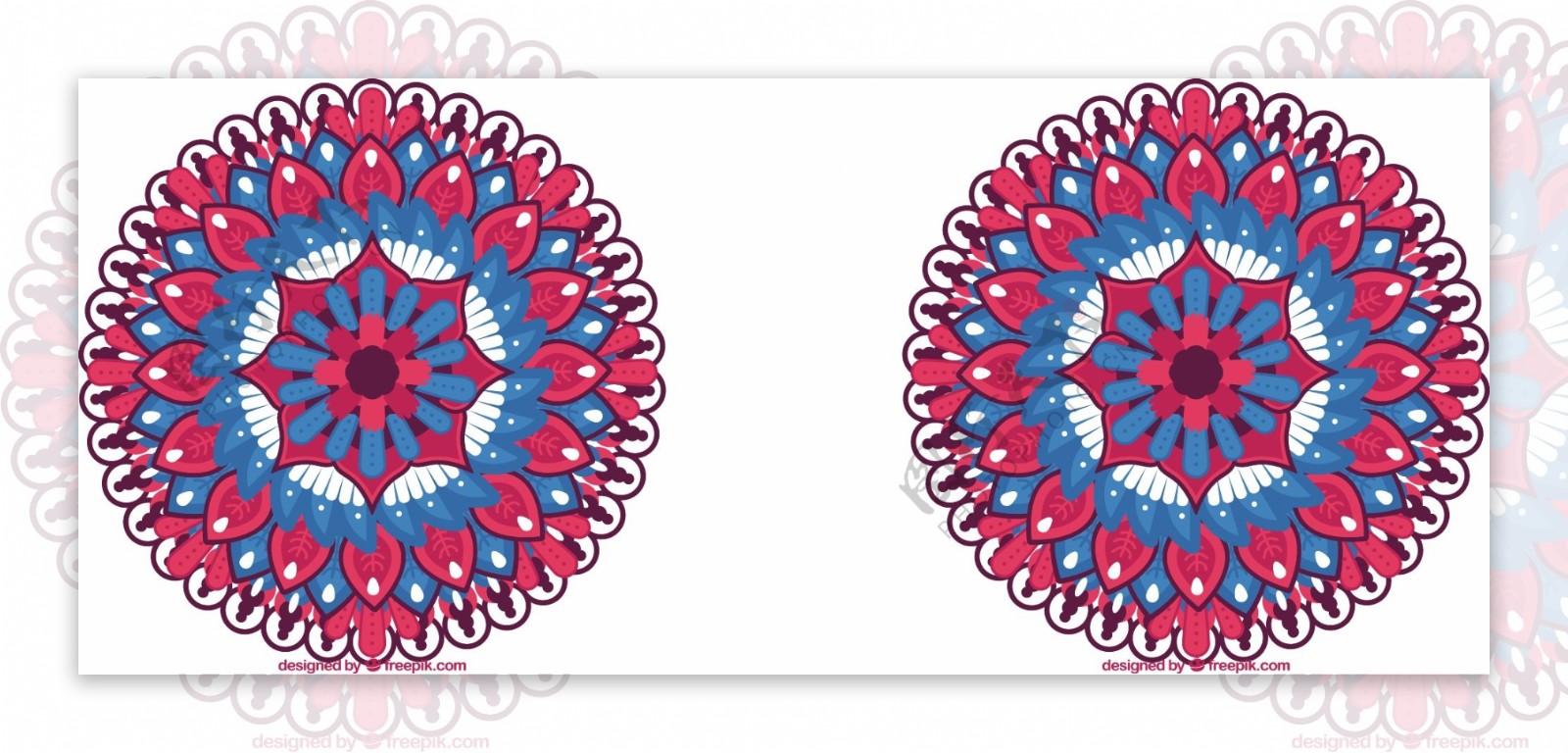 蓝色红色圆形曼陀罗花卉装饰图案背景