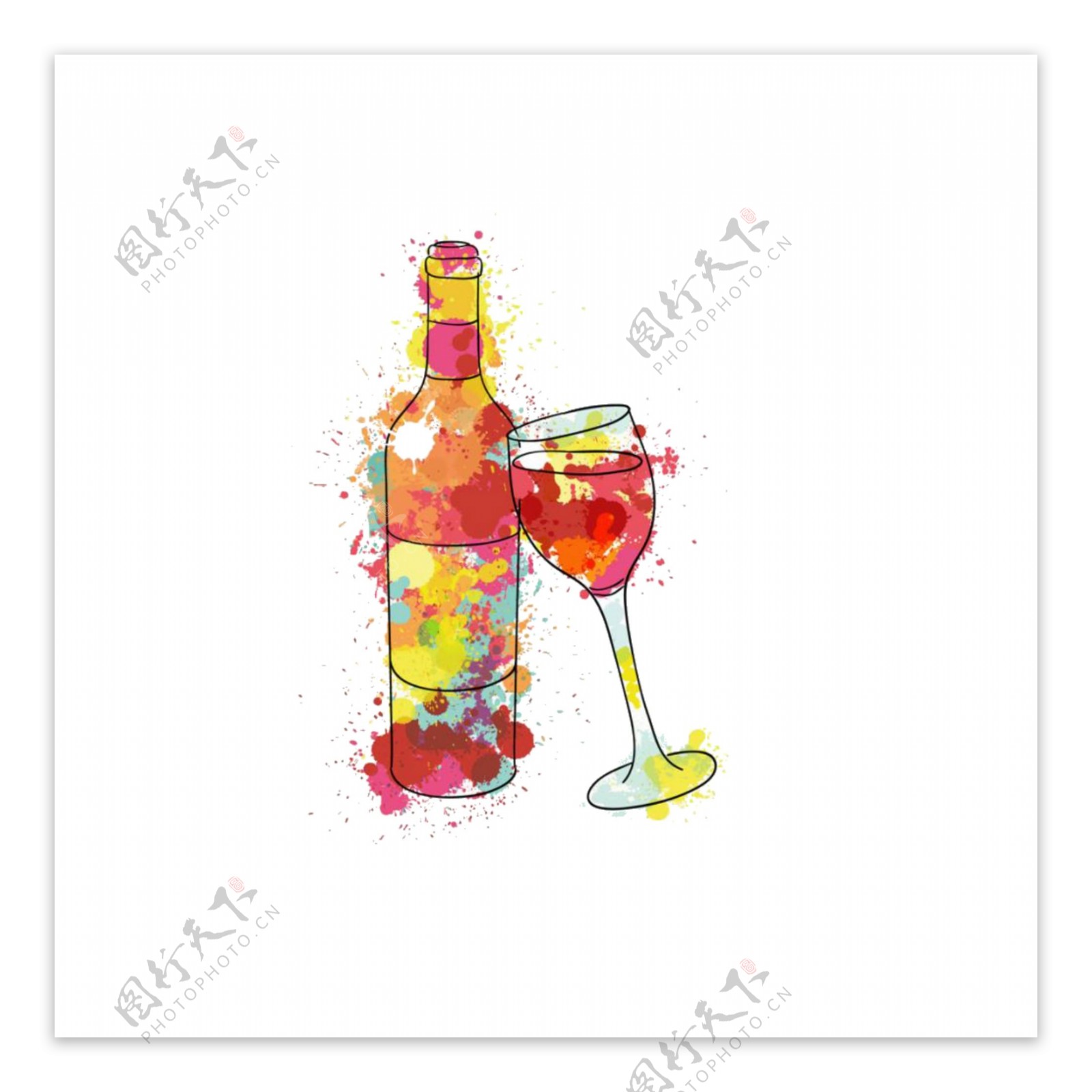 唯美艺术创意彩色手绘酒杯酒瓶