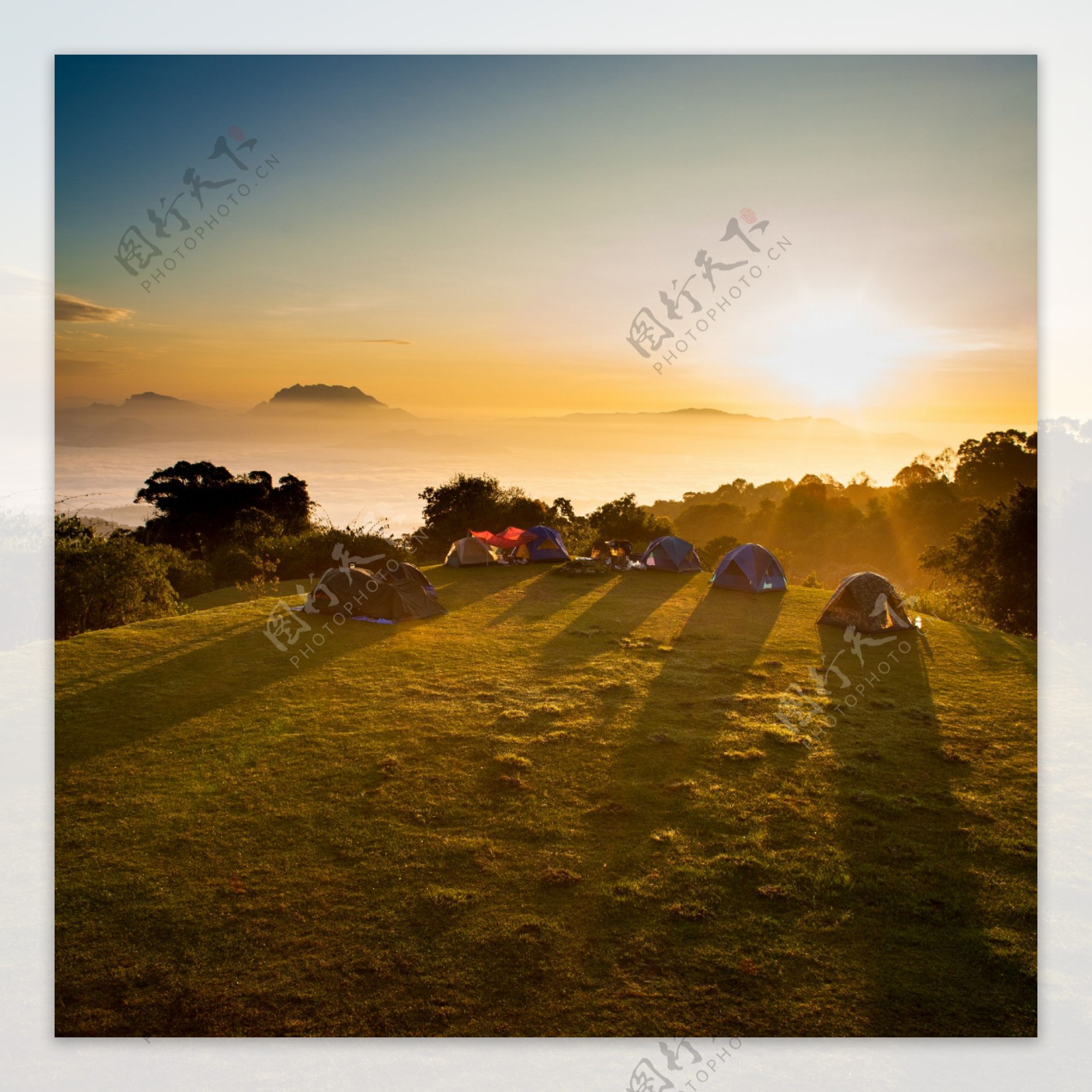 夕阳下草地上的帐篷图片