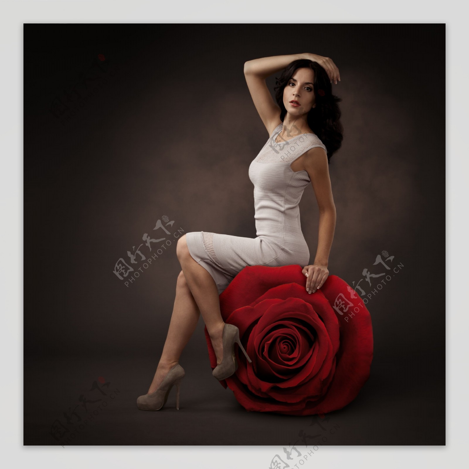 坐在玫瑰花上的美女图片