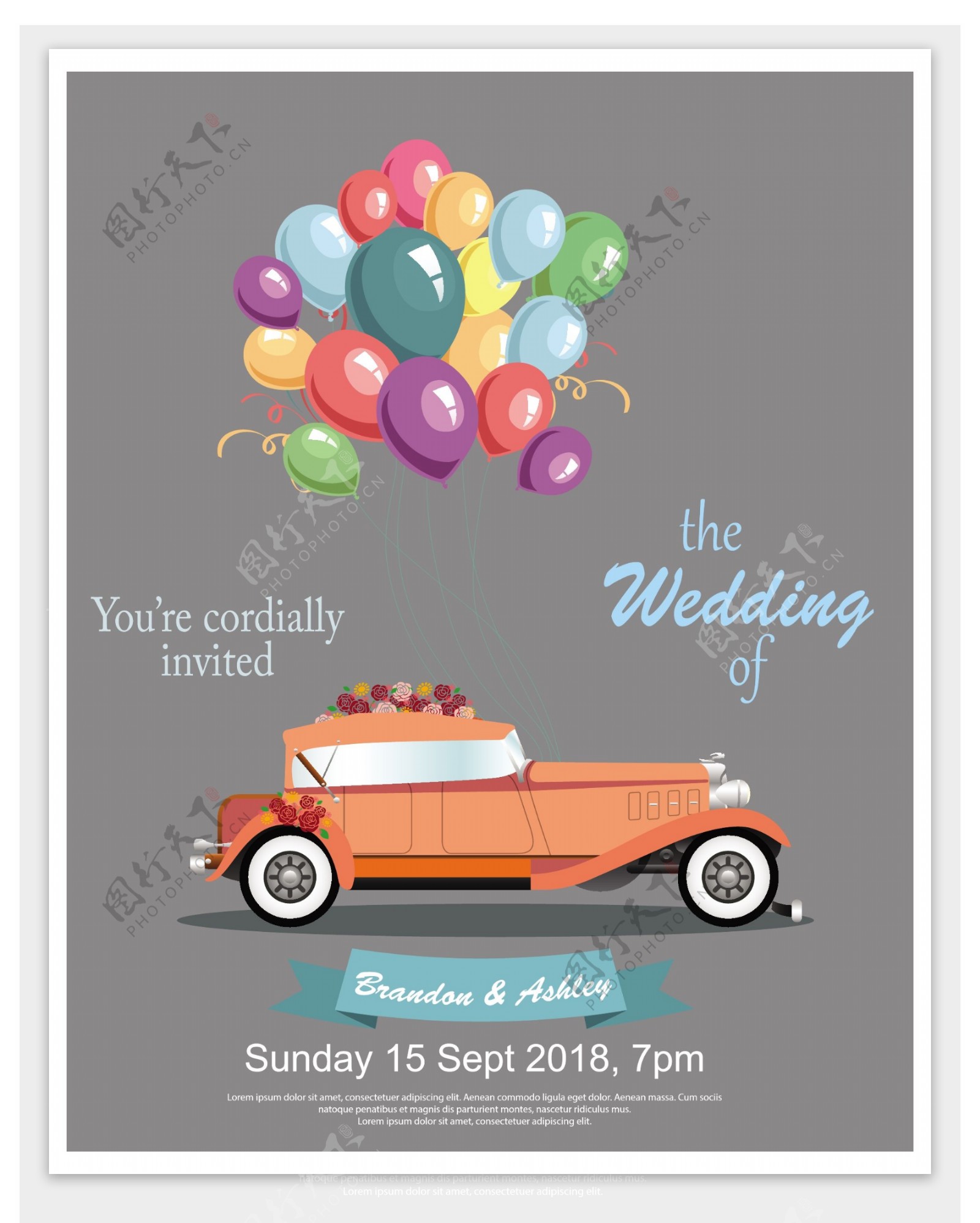 婚礼横幅设计与老式汽车和气球自由向量