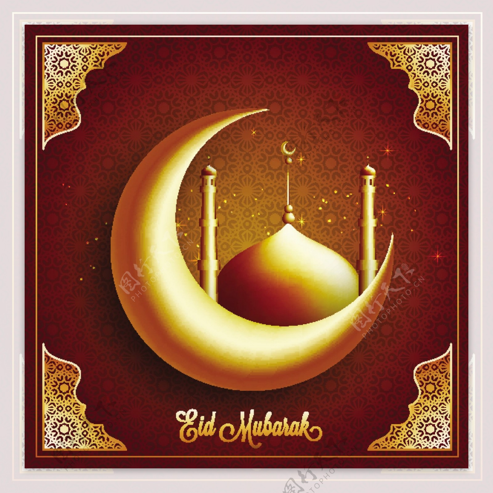 带有图案设计背景的清真寺的3D新月美丽的伊斯兰节日贺卡EidMubarak庆典