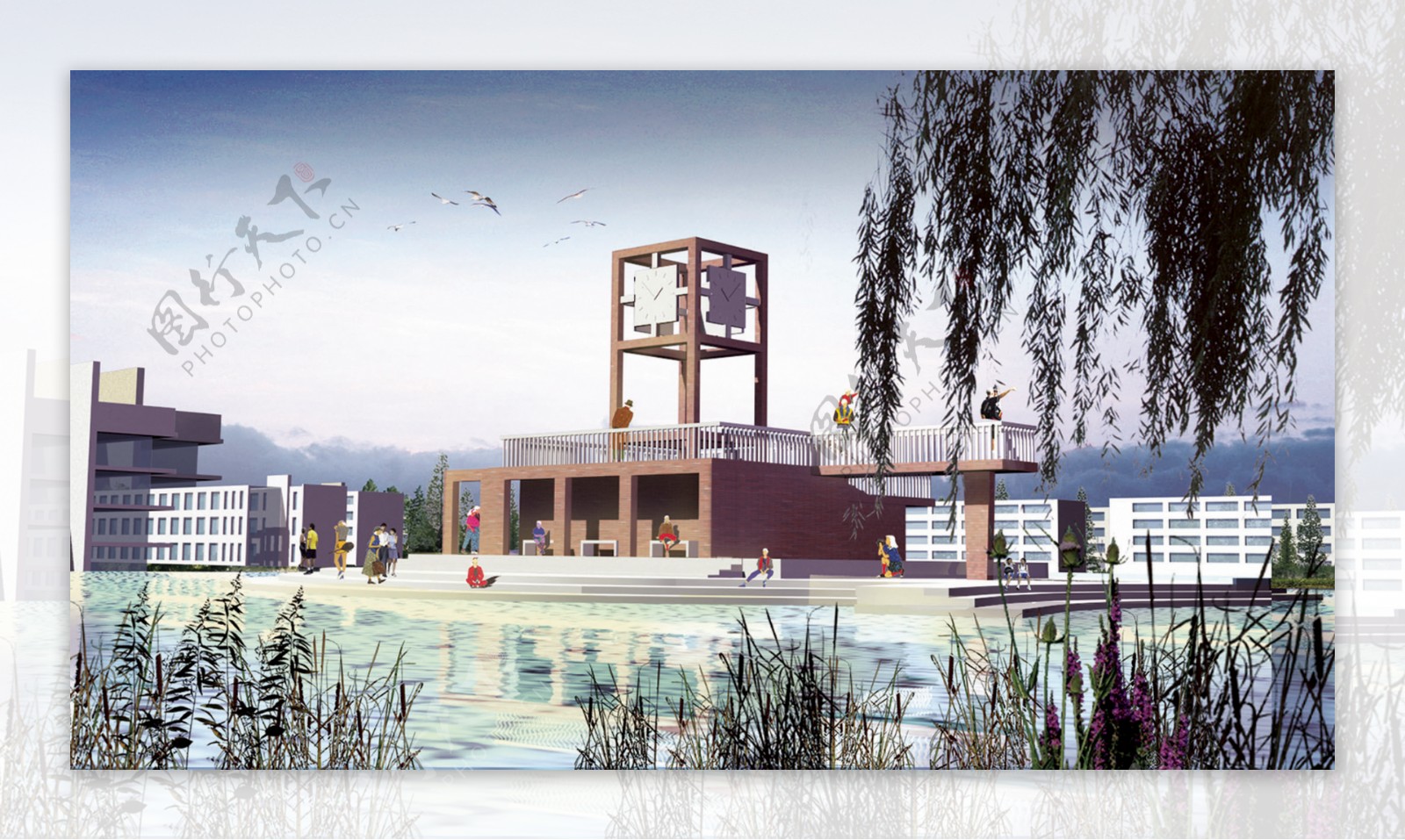 山东交通学院长清新校区环湖区景观设计现状烟囱改造钟塔效果图二
