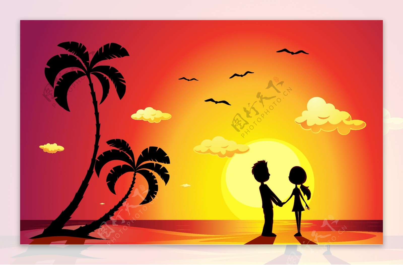 夕阳下的沙滩情侣剪影矢量图