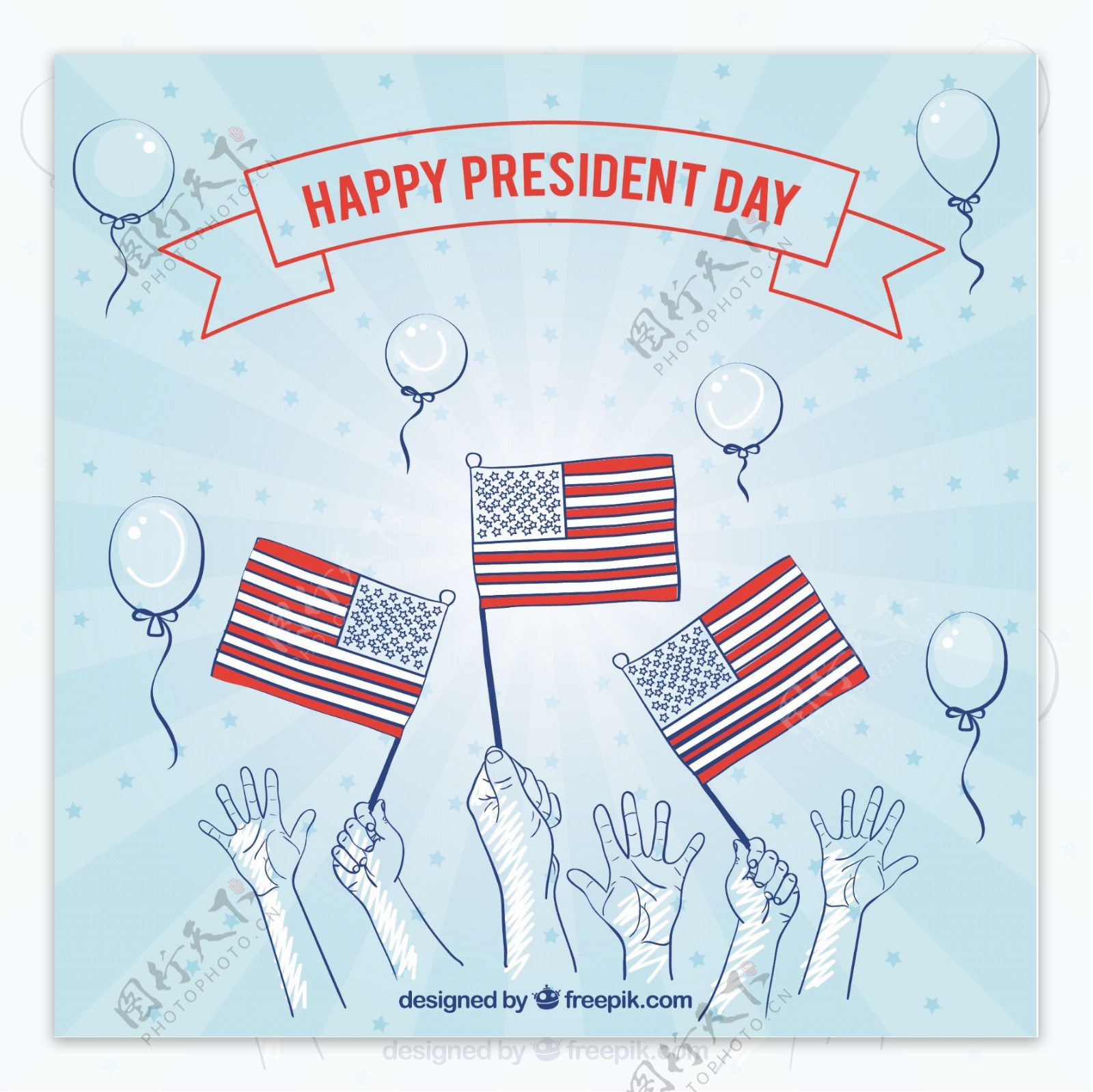 蓝色的背景和总统节的双手和旗帜