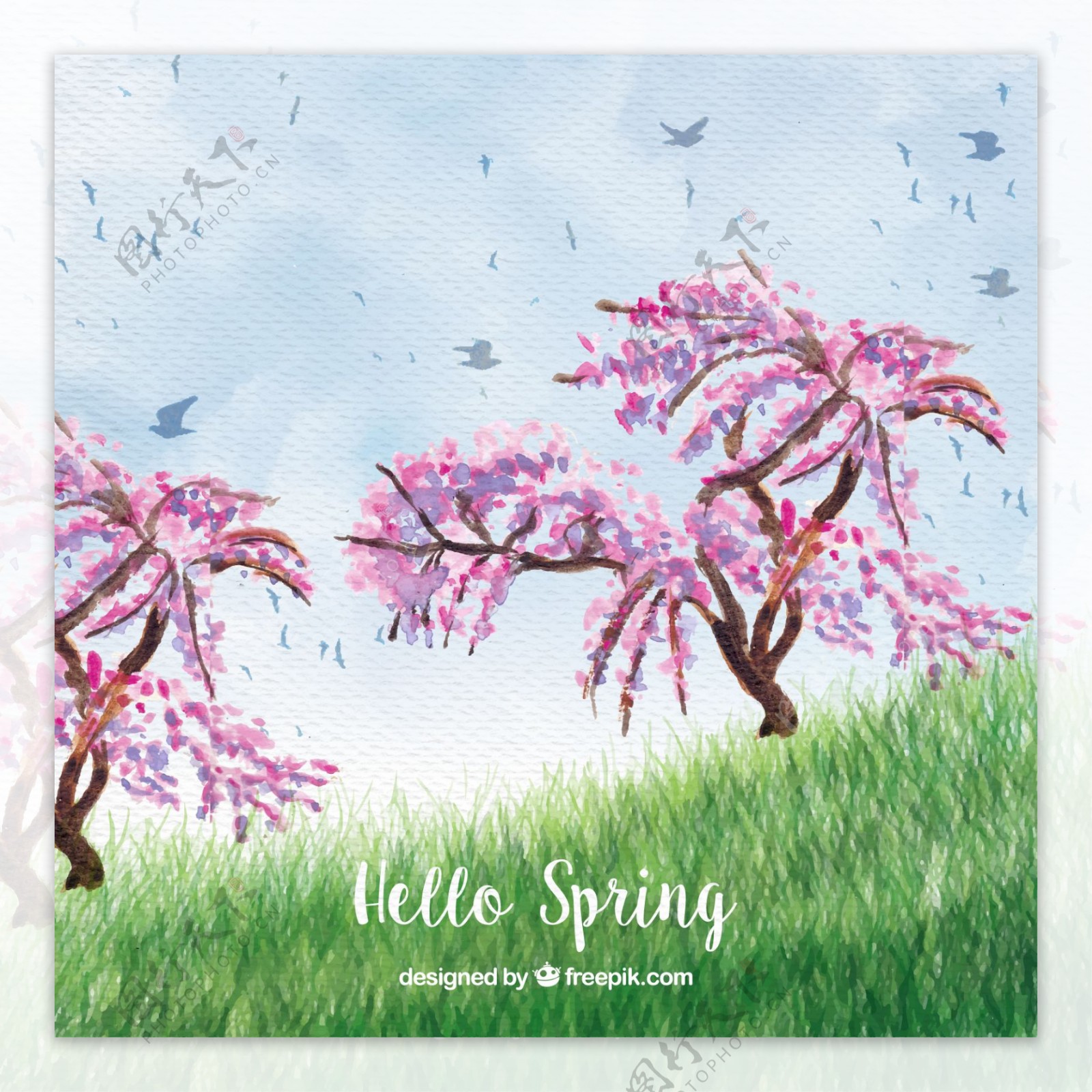 可爱的春天景观与水彩树的背景