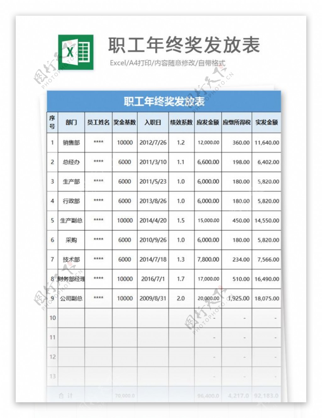 职工年终奖发放表excel模板