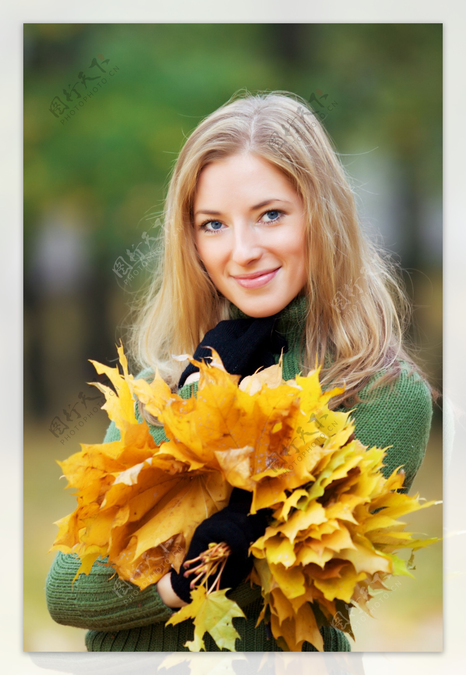 拿着黄叶树叶的外国美女图片