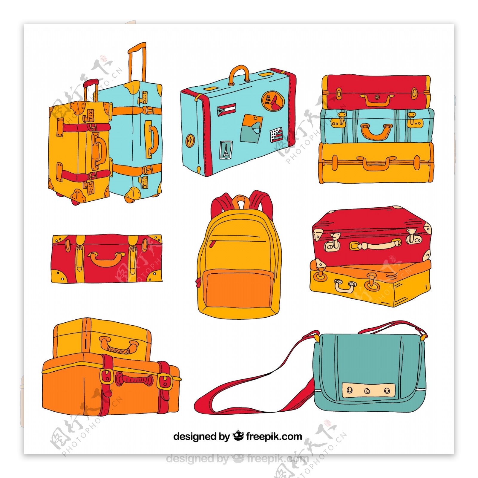绿色红色黄色可爱手绘箱包彩色行李箱拉杆箱贴纸图片 - Canva可画
