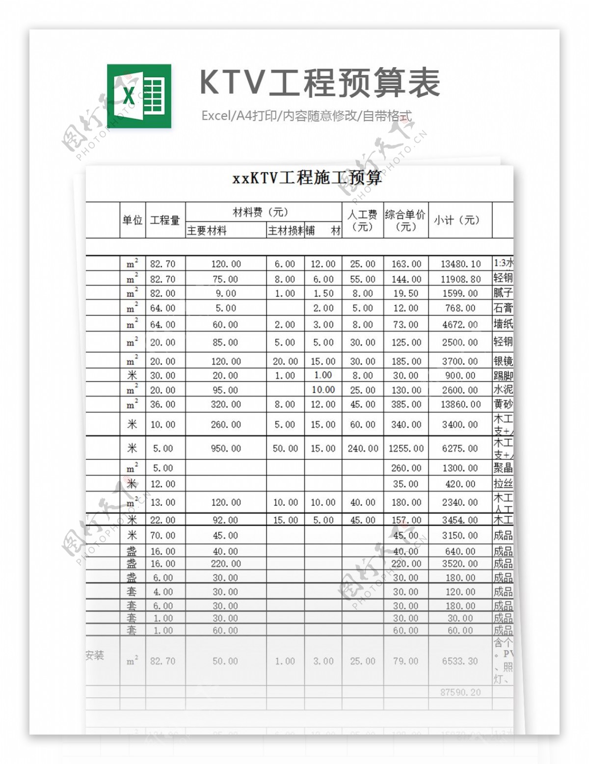 KTV工程预算表excel模板