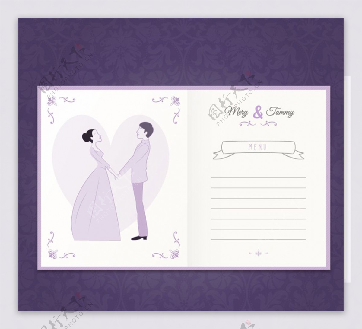 紫色婚礼菜单设计矢量图