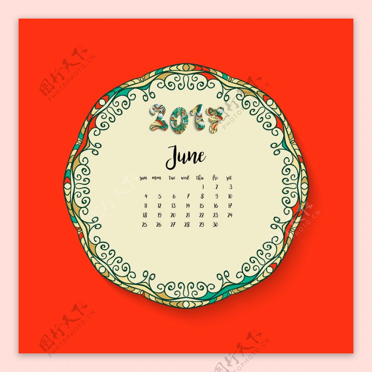 红色背景六月日历设计图片