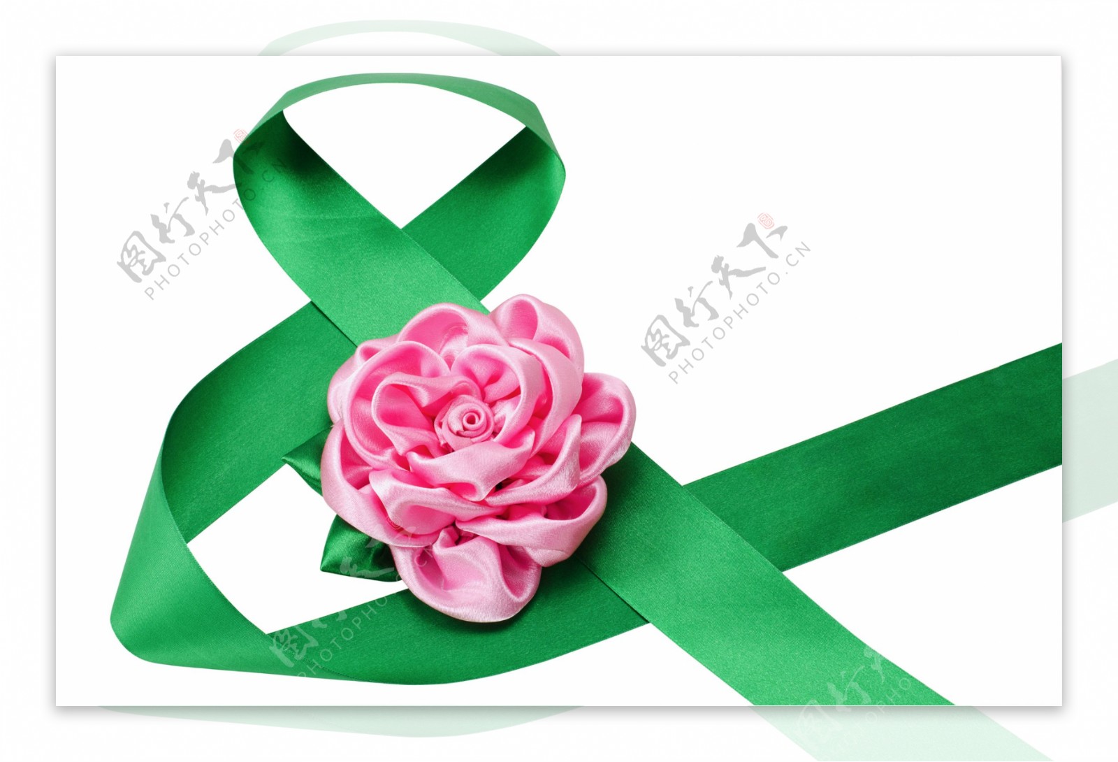 绿色丝带和粉色花朵图片