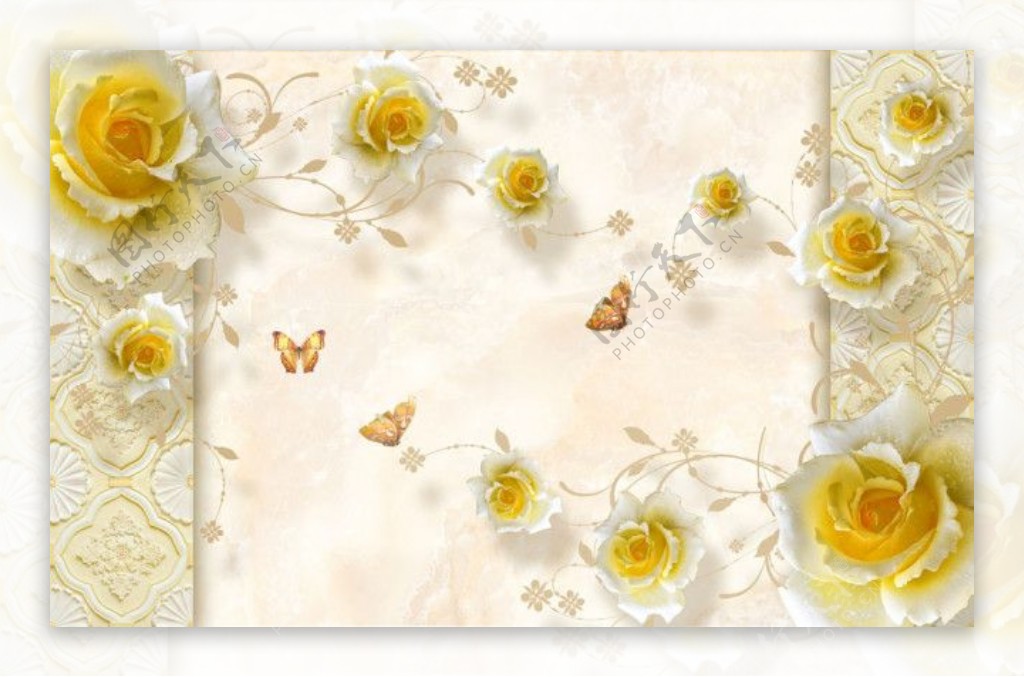 鲜花蝴蝶3D背景墙图片1