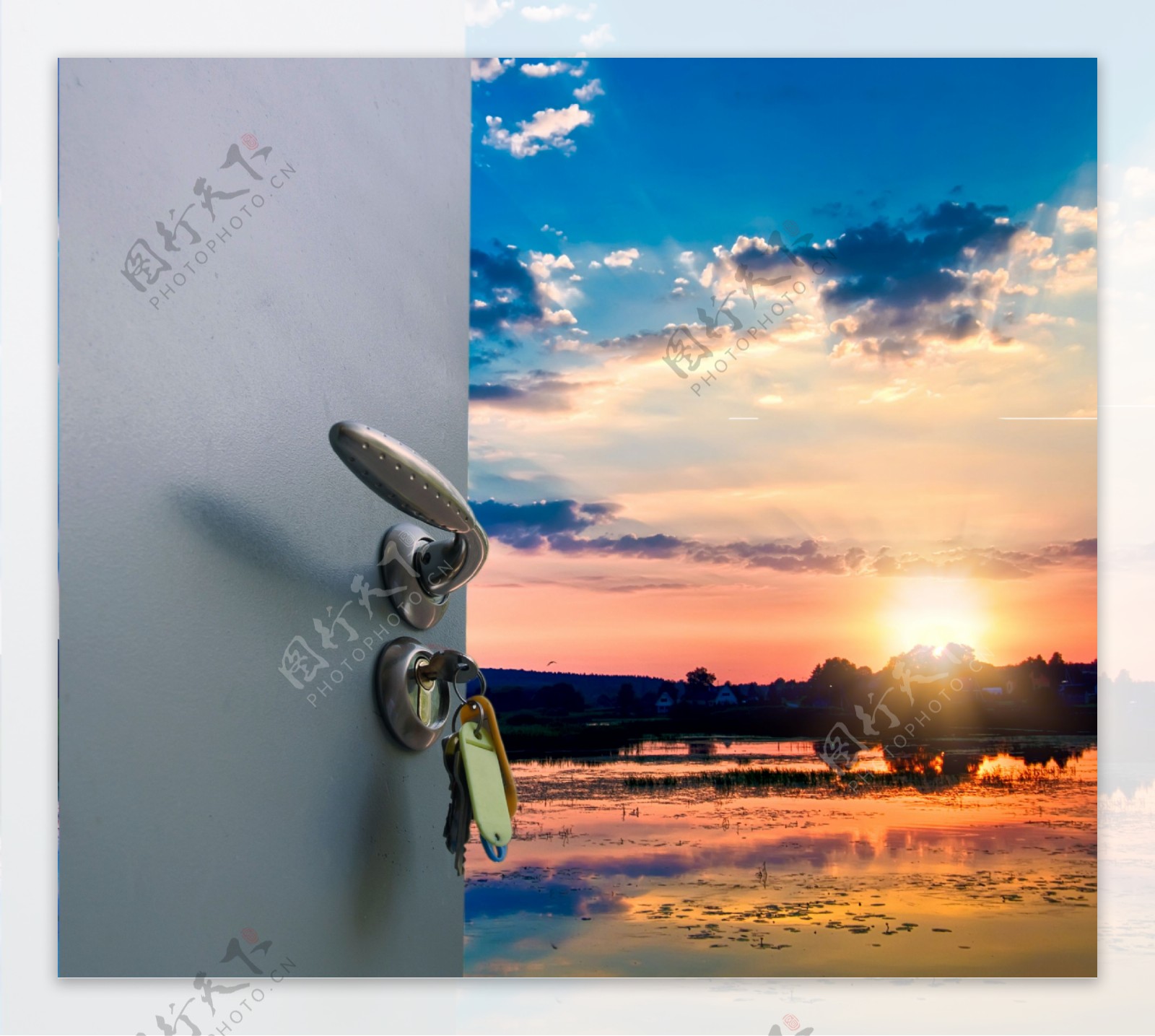 门锁钥匙与黄昏美景图片
