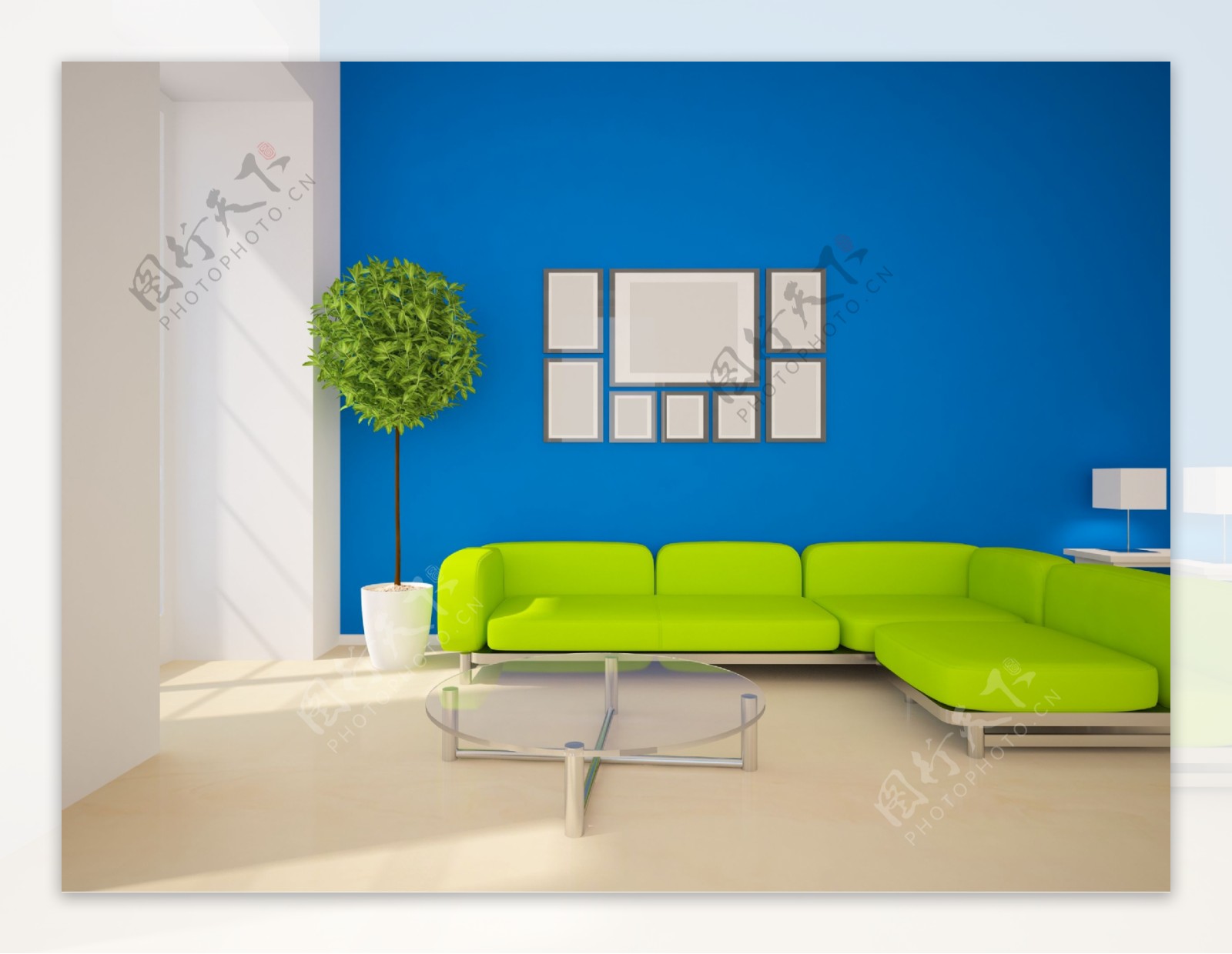 绿色沙发与背景墙