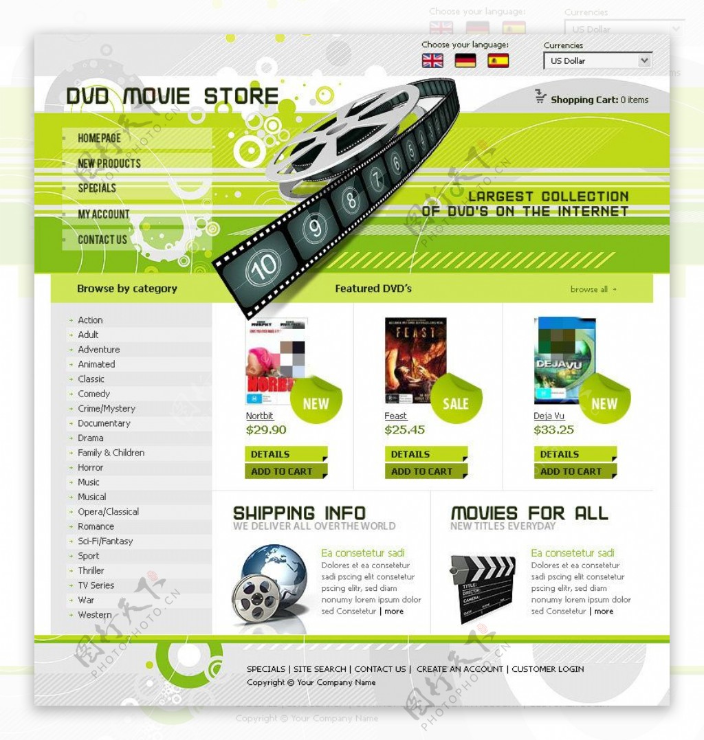 DVD电影网页psd模板