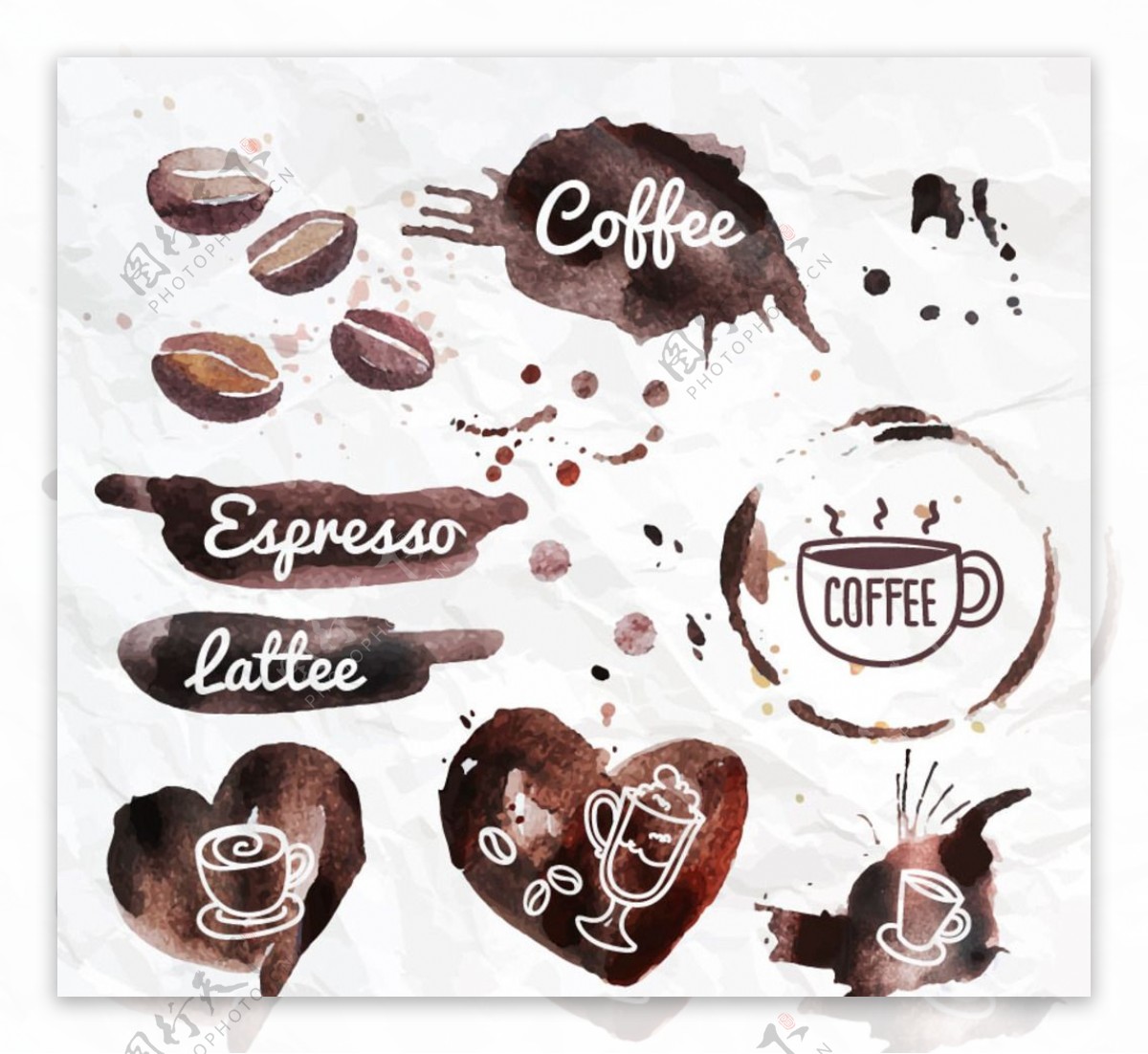 咖啡渍水彩咖啡咖啡豆