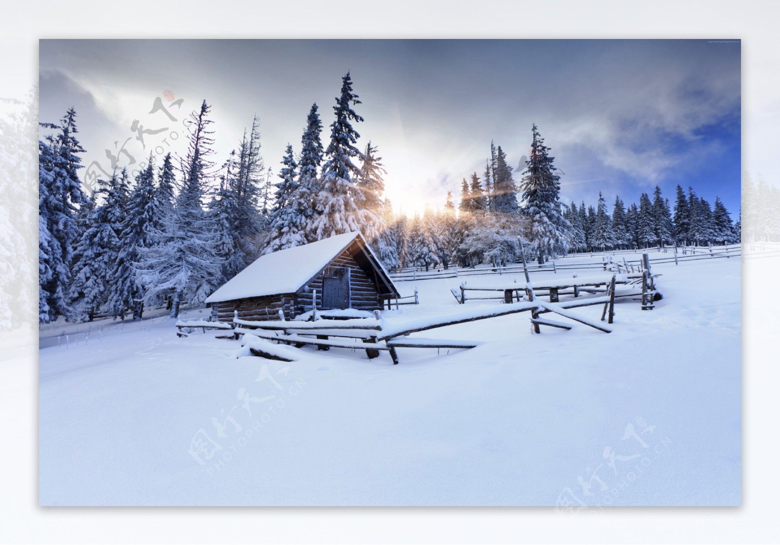 唯美雪中小屋风景图片