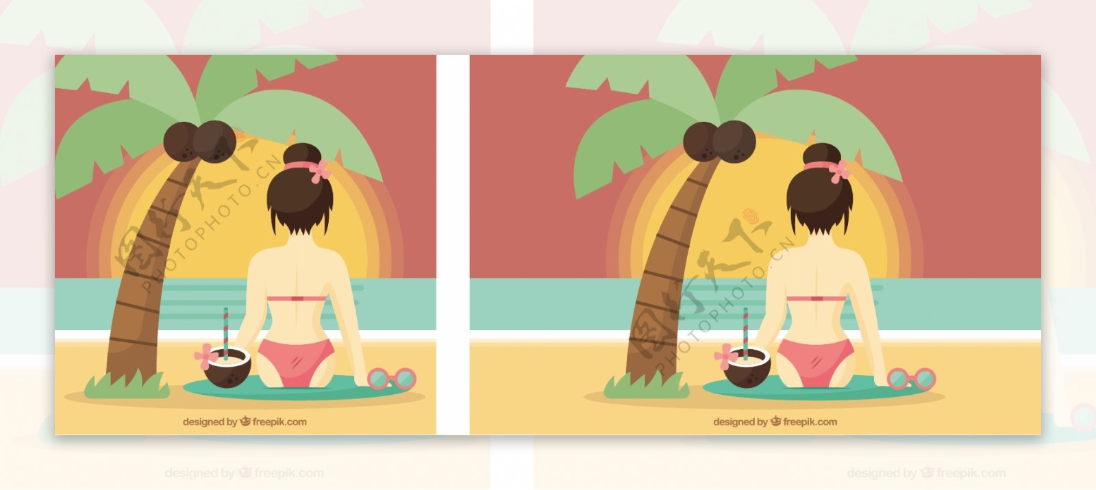 沙滩椰树下坐着的女孩背景